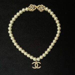 Chanel Pearl CC logo Charm And Camellia Rhinestone Accents Pearl Necklace